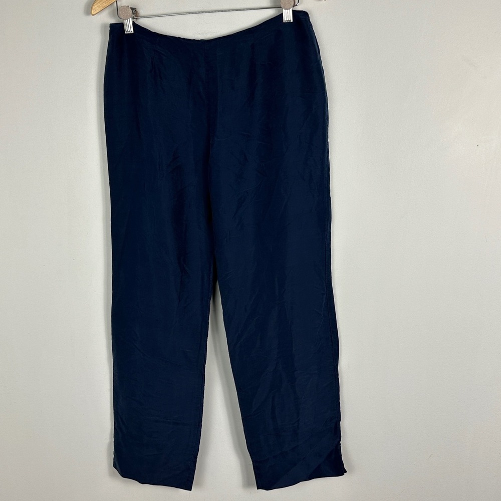 Ralph Lauren 100% Silk Navy Blue Wide Leg Pants Womens Size 12 Back Zip Trousers - Picture 3 of 16